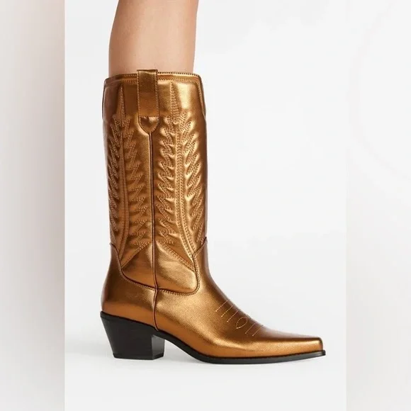 New - Zahra Western Metallic Bronze Heeled Cowboy Boots - Picture 8 of 8